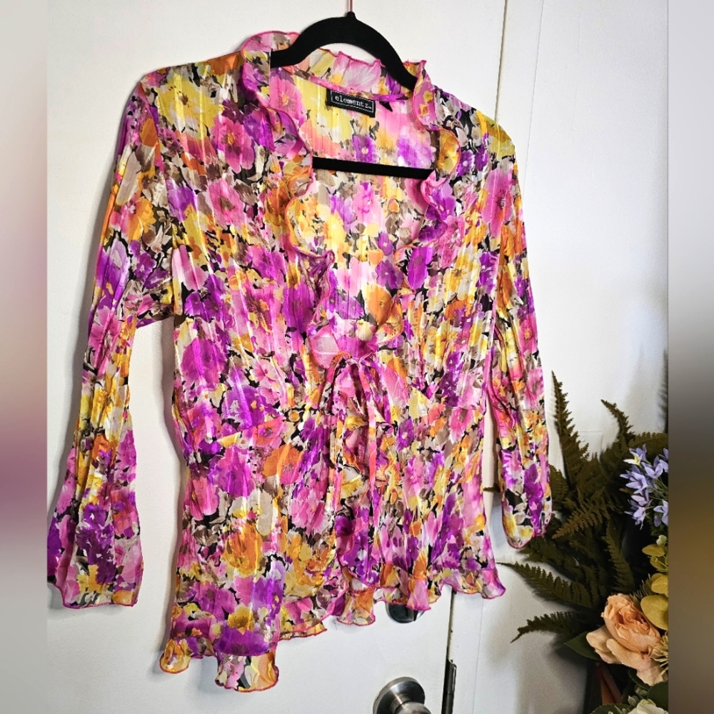 Y2K Vintage Tie Front Floral Ruffle Sheer Open Blouse Summer Accent Cardigan